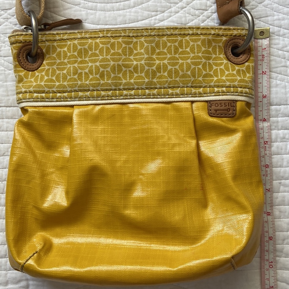 Fossil Crossbody Bag and Wristlet Coated Canvas Leather Trim Yellow Tan Brown - Picture 13 of 17